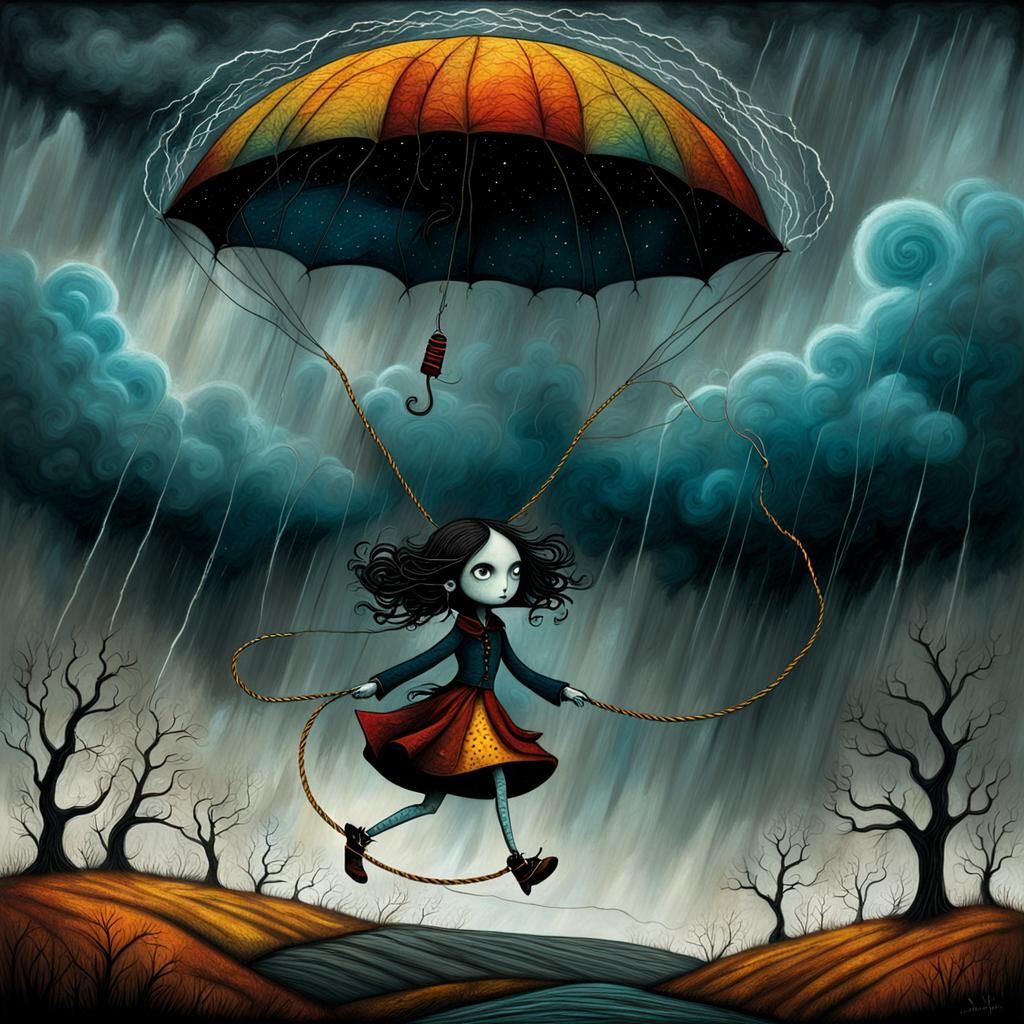 Pop Surrealist Girl Skipping in Autumn Storm