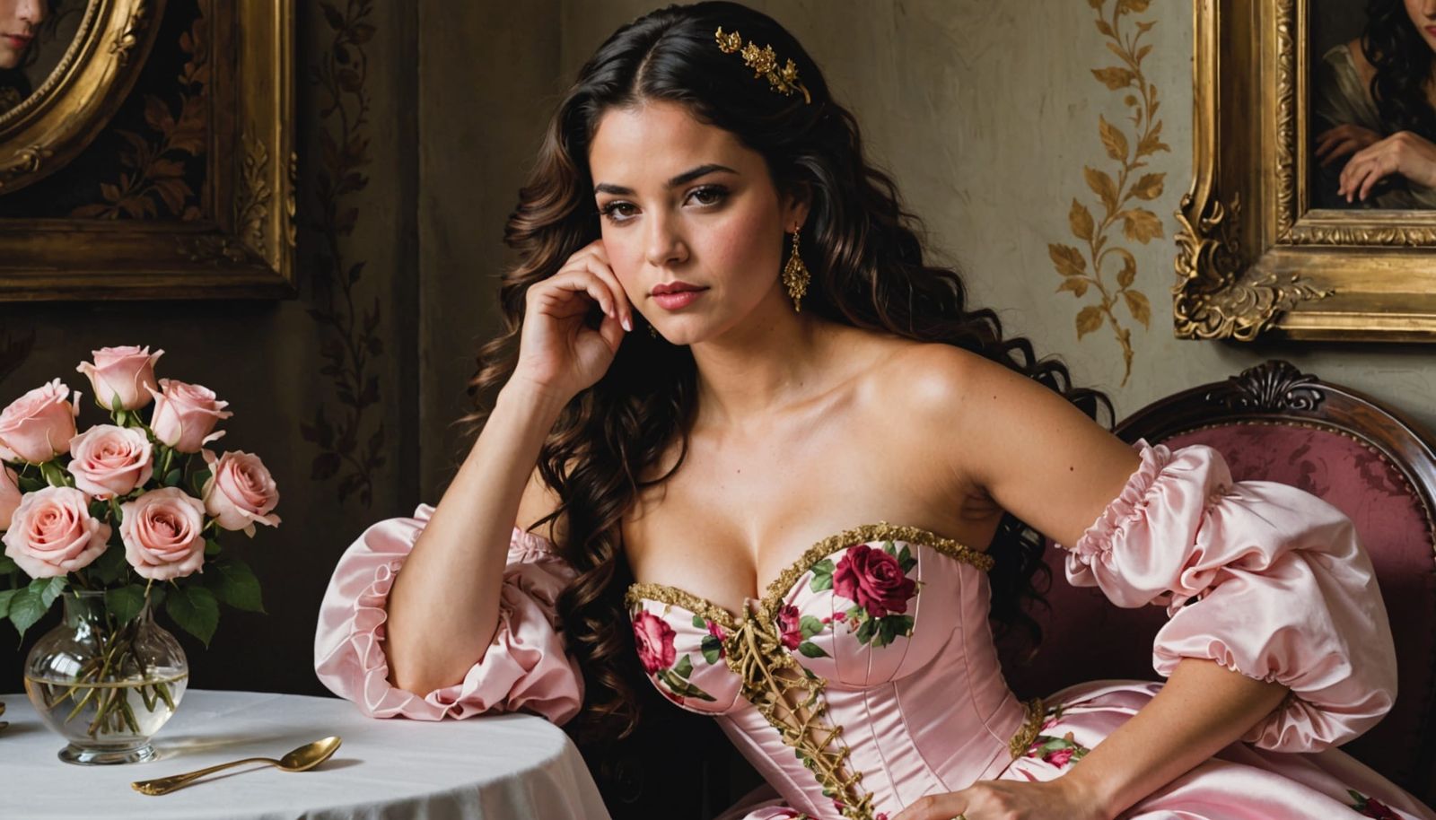 Romantic Portrait of Woman with Roses and Wine