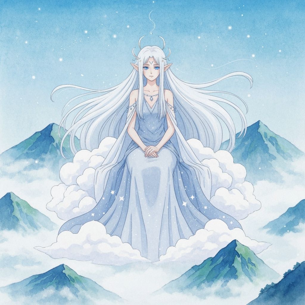 Ethereal Goddess on Cloud Throne in Watercolor Style