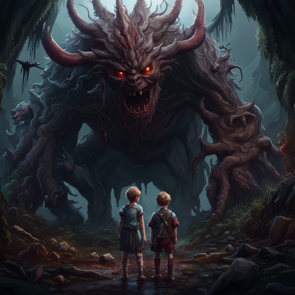 Wounded Children Confront a Monster: Fantasy Art