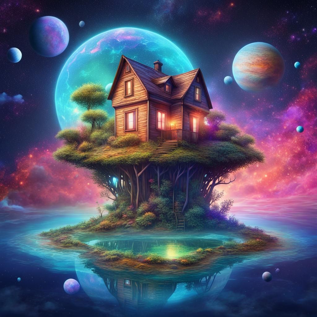 House Floating in Space: Cosmic Astral Illustration