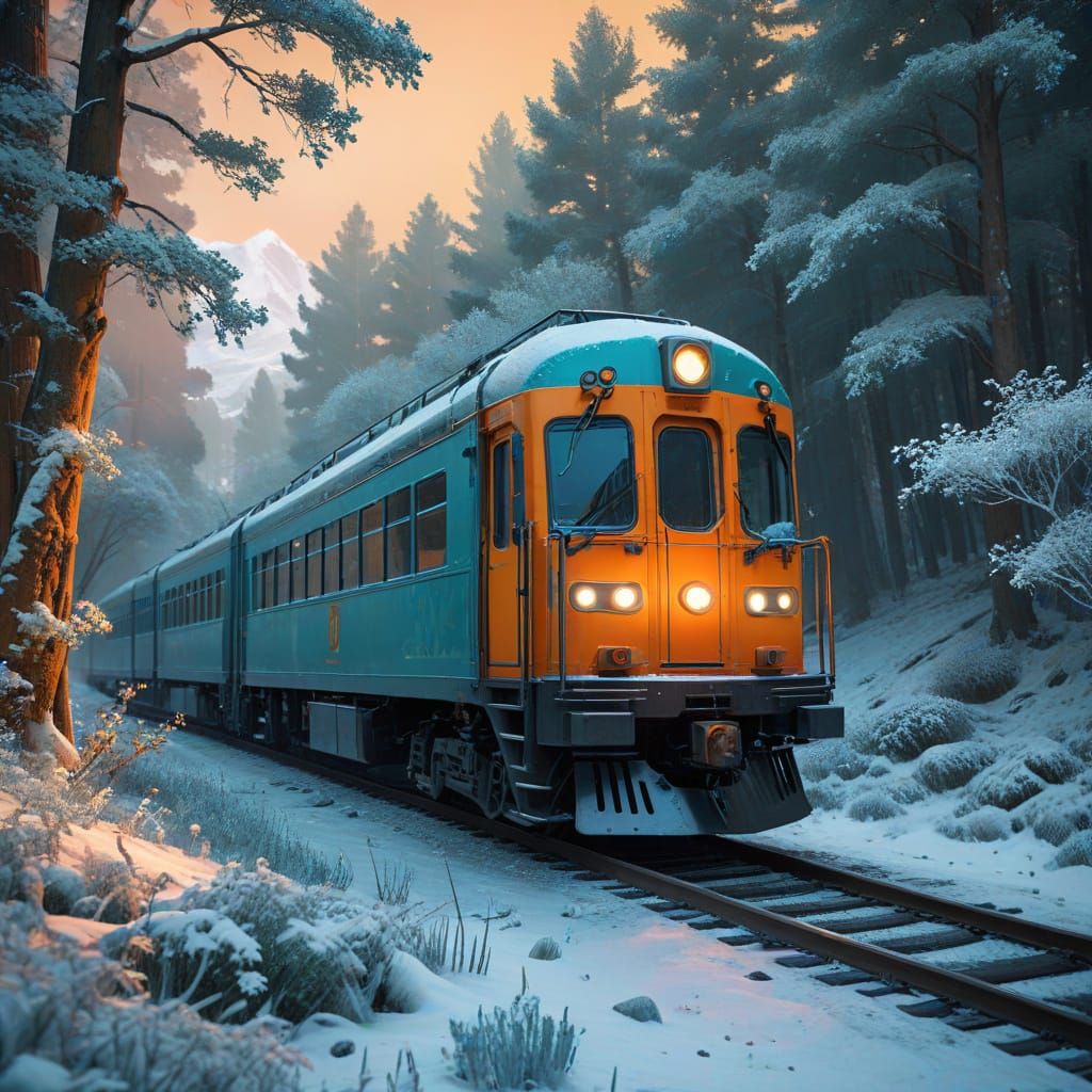 Snowy Train Journey Through Frosted Forests