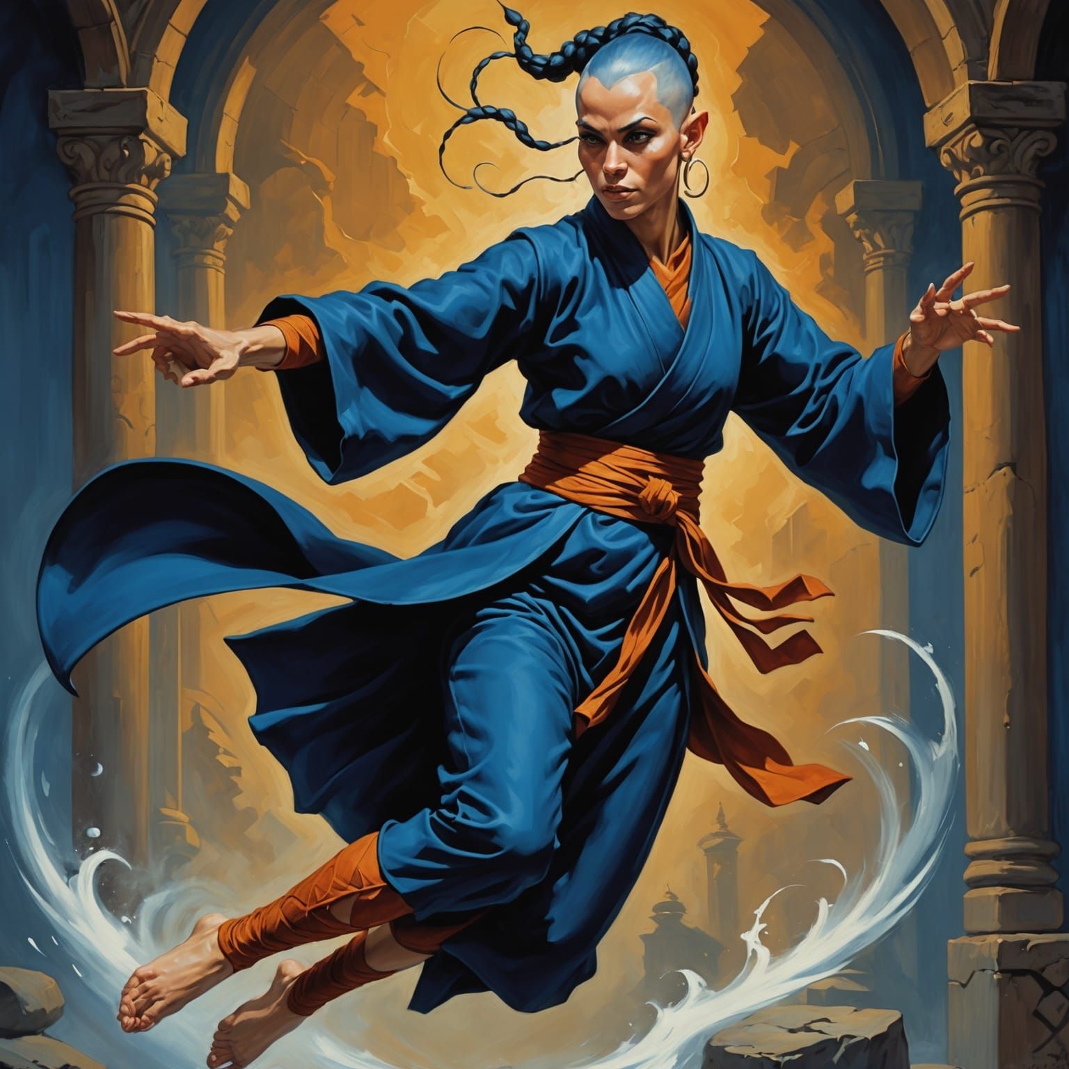 Elven Monk Mid-Kick in Oil Painting Style