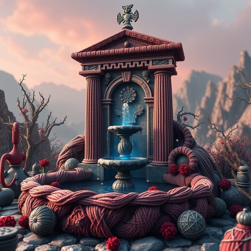 Knitted Yarn Greek Fountain in Matte Painting Style