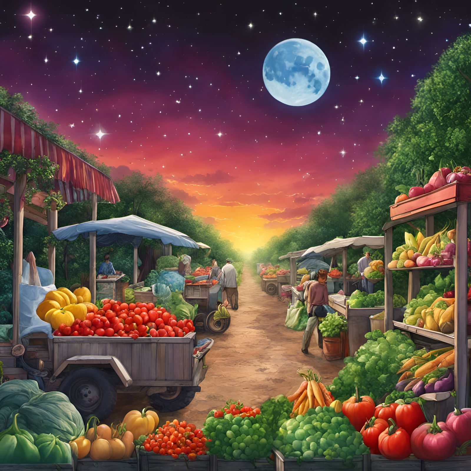 Bioluminescent Farmers Market Under Starry Sky