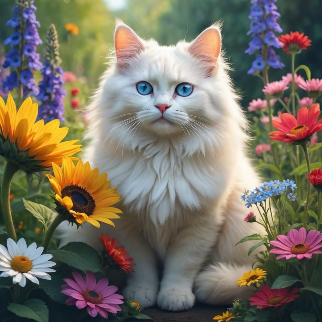 White Cat in a Colorful Flower Garden