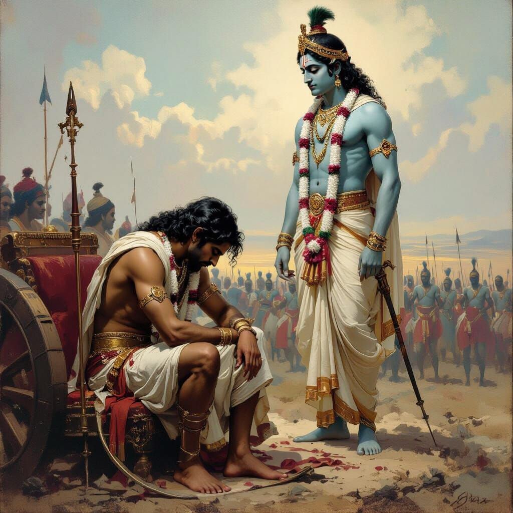 Arjuna's Despair on the Battlefield in Mythological Style