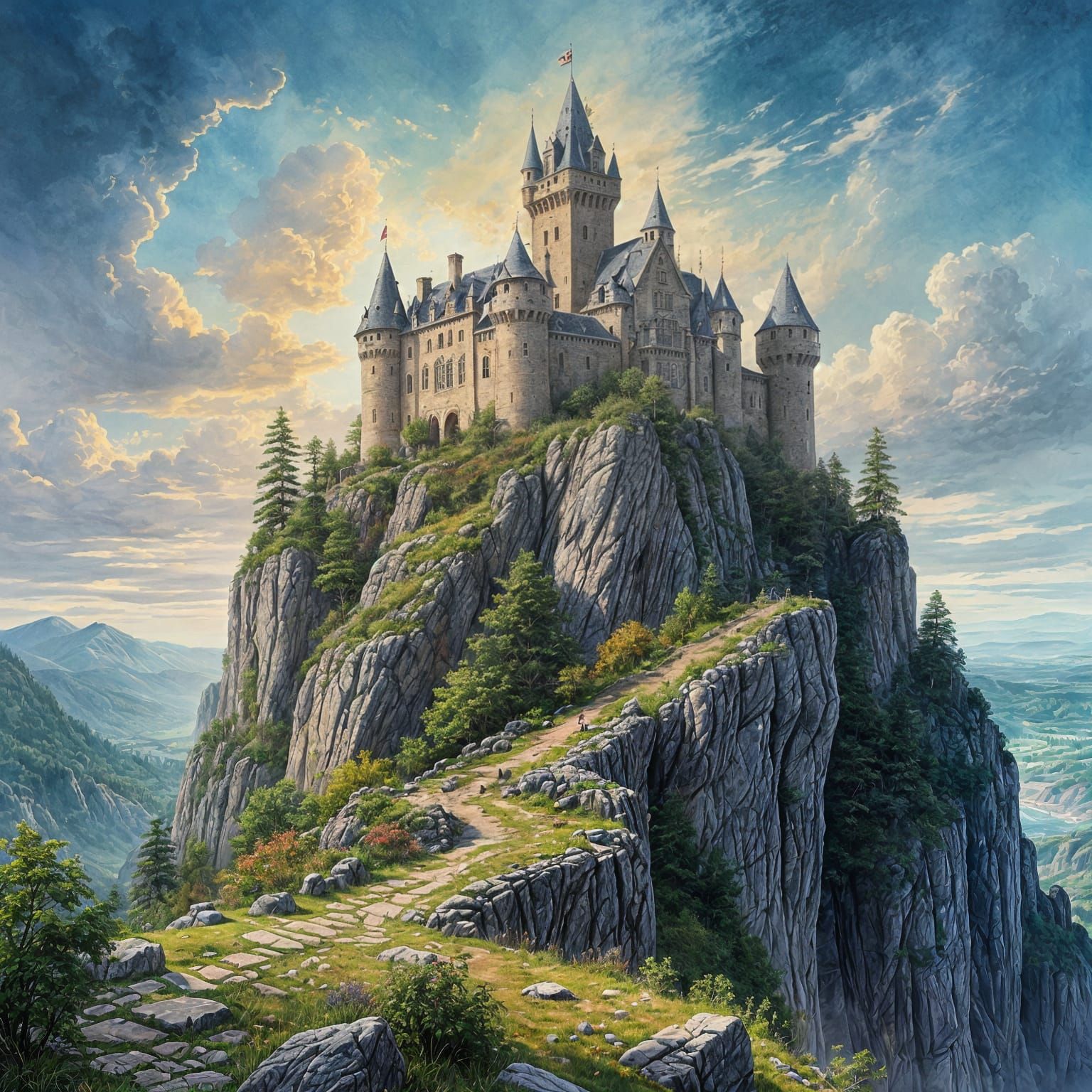Epic Stone-Age Castle Illustration in Vibrant Earthy Tones