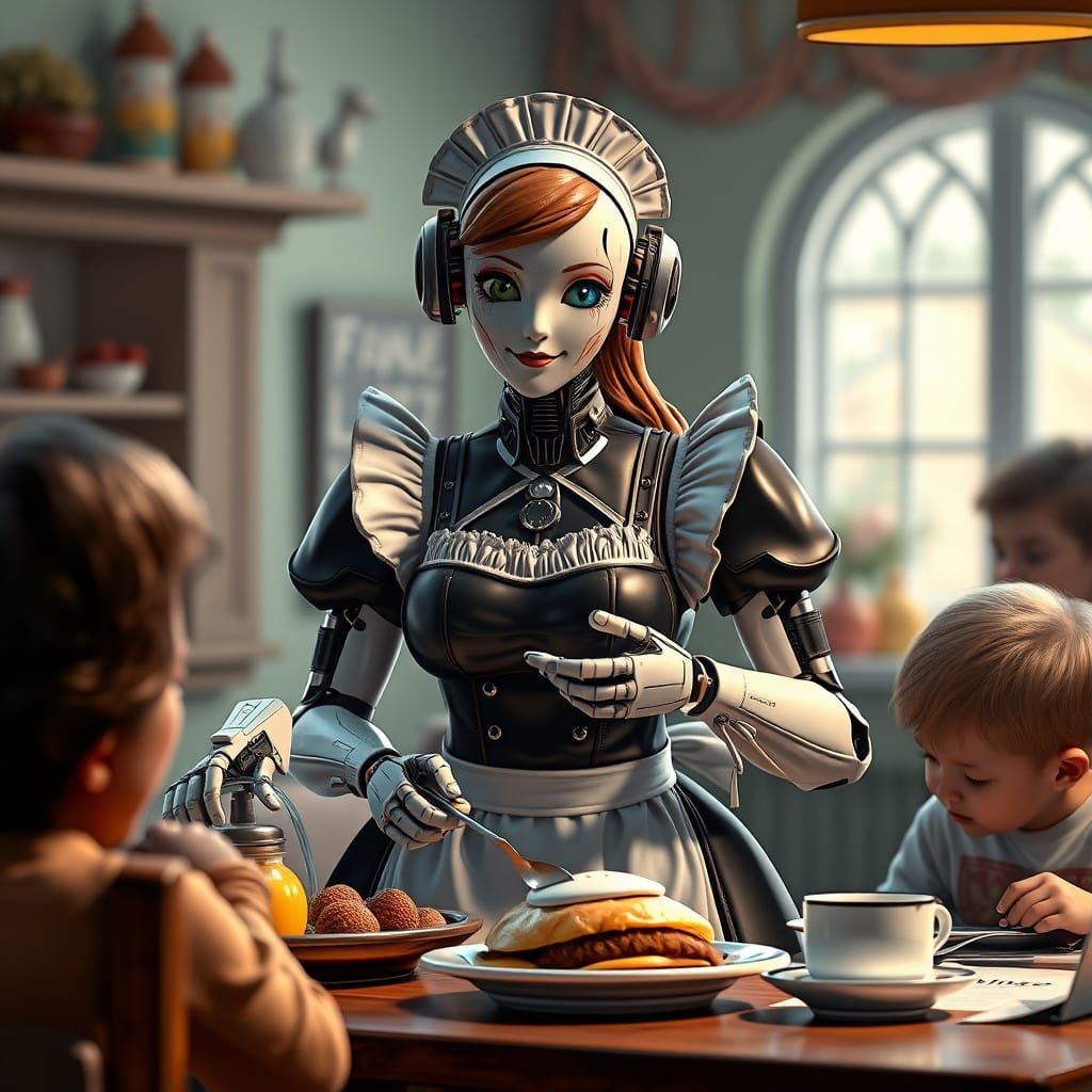Friendly Robot Maid Serves Breakfast to a Fantasy Family in...
