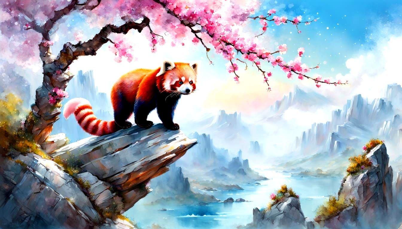 Red Panda Climbing Pink Blossoms as Oil and Watercolor Paint...