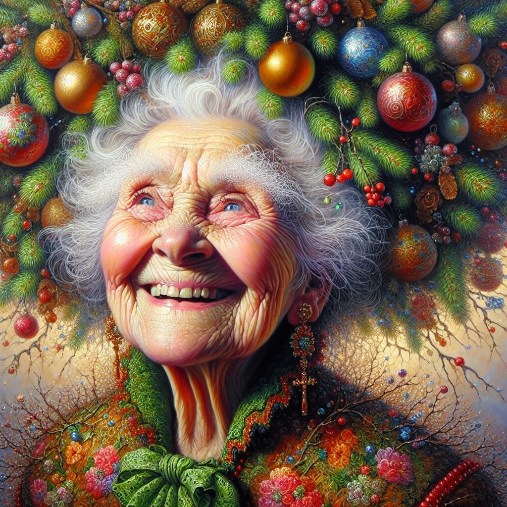 Joyful Elderly Woman with Christmas Tree Hat Oil Painting