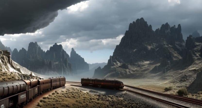 Futuristic Train in Post-Apocalyptic Mountain Landscape