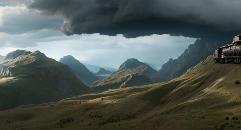 Futuristic Train in Post-Apocalyptic Mountain Landscape