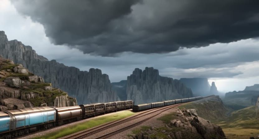 Futuristic Train in Post-Apocalyptic Mountain Landscape