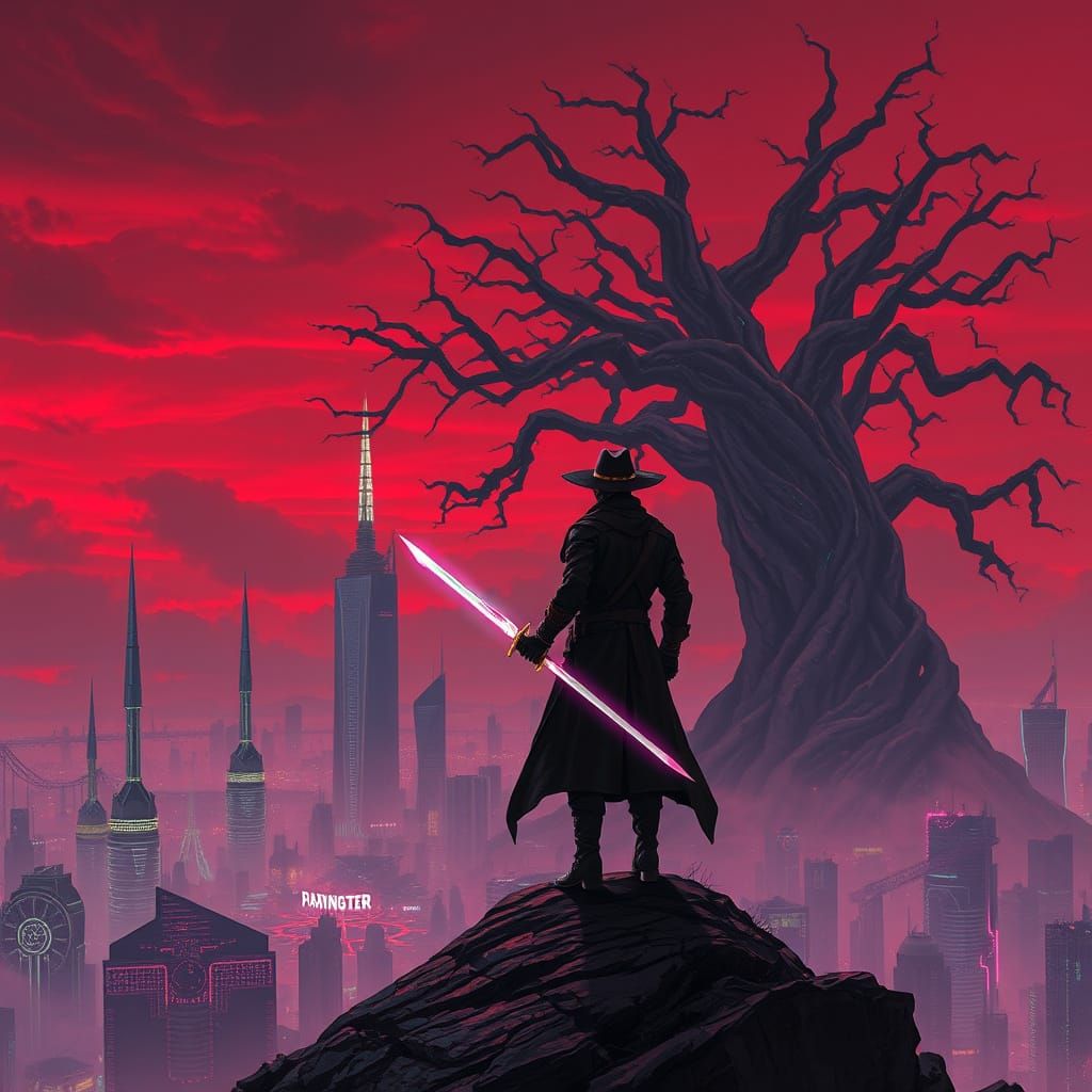 Dark Fantasy Warrior in Cyberpunk Twilight