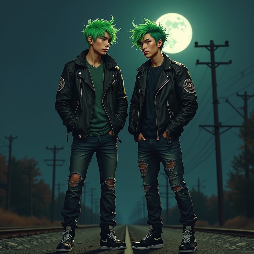 Green-Haired Men in Railyard, Hyper-Realistic Style