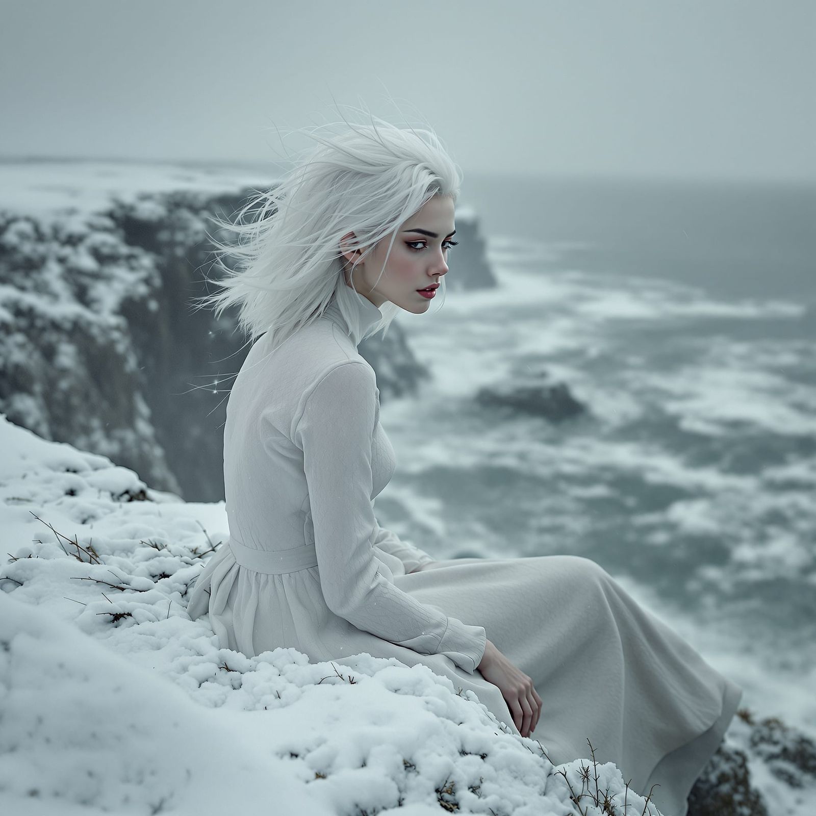 Albino Woman on Snowy Cliffs in Blizzard