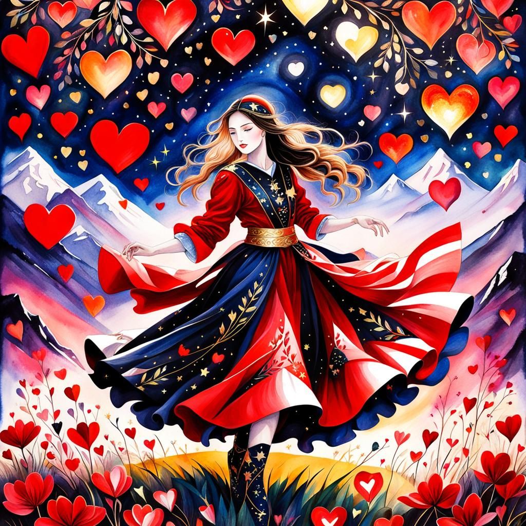 Ruby Girl Dancing in Heart Field at Twilight