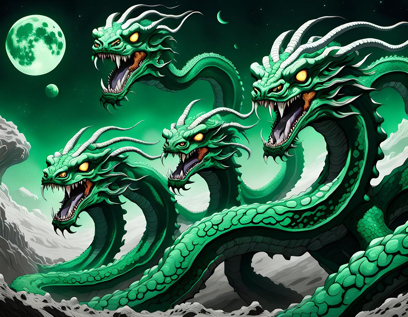 Undead Hydra on Lunar Surface, in Anime Style