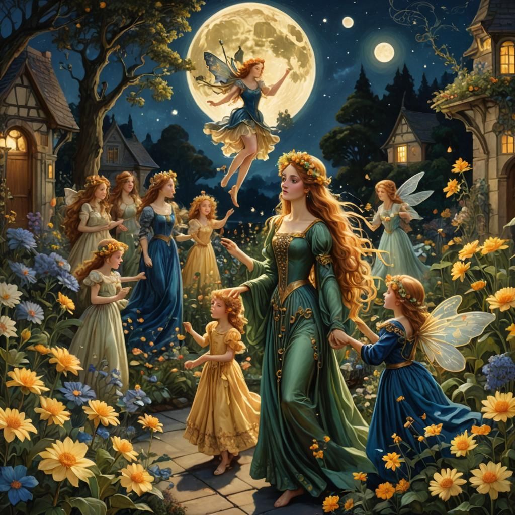 Enchanted Fairy Ball Under Moonlight, Art Nouveau Style