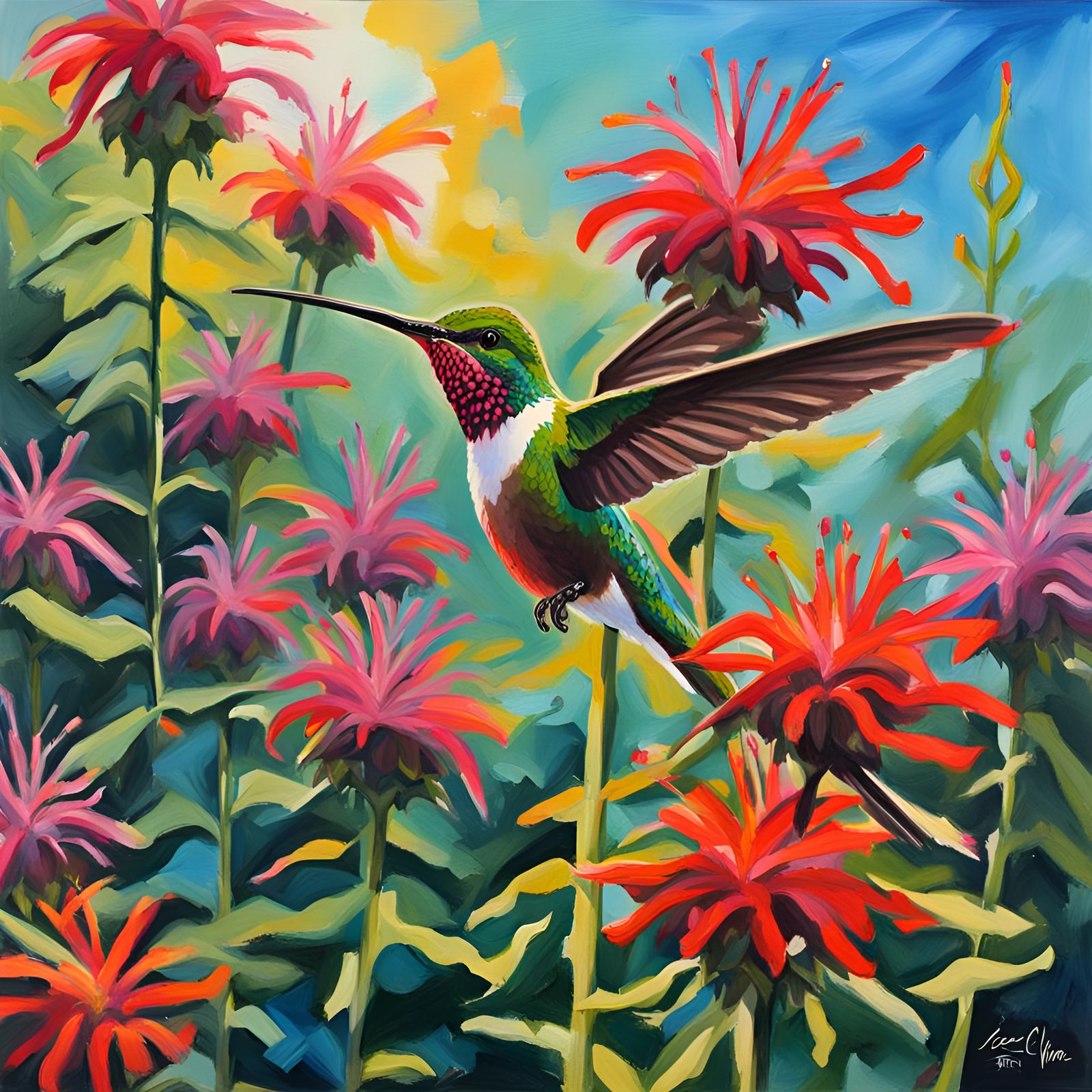 Hummingbird and Bee Balm Plant in Acrylic Style