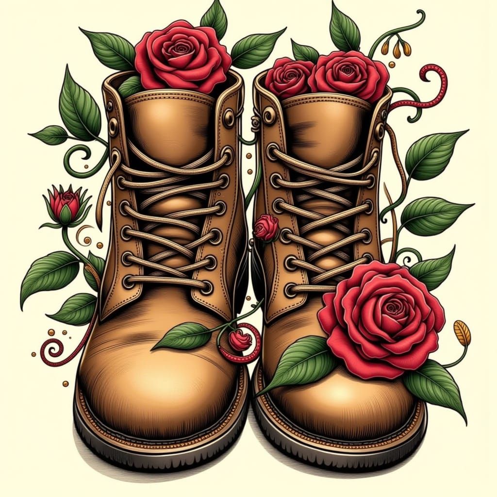 Neo-Traditional Tattoo Style Boots Wrapped in Roses