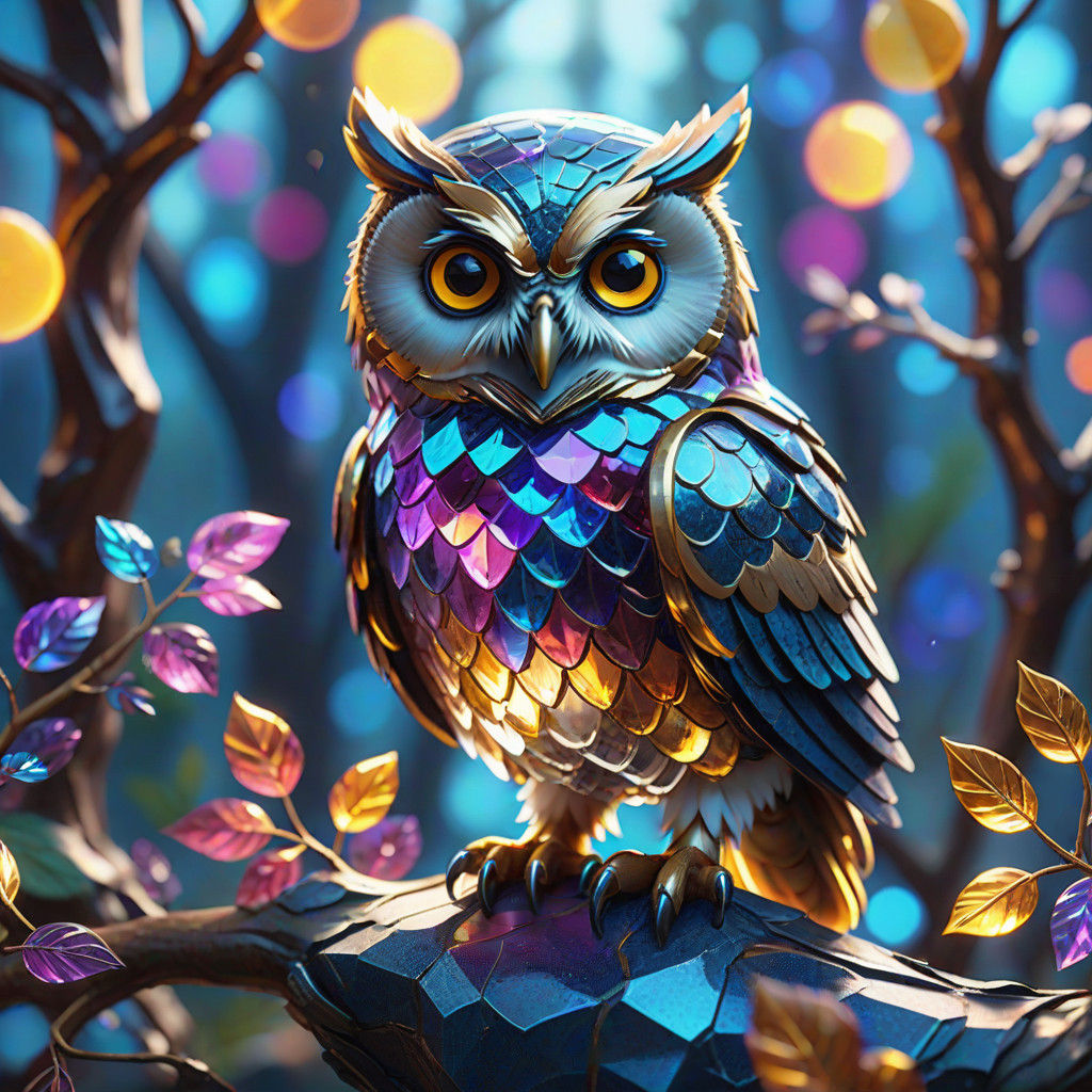 Whimsical Owl in Glass Forest Wonderland