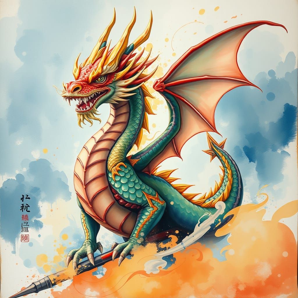 Majestic Dragon in Gouache Impressionist Style