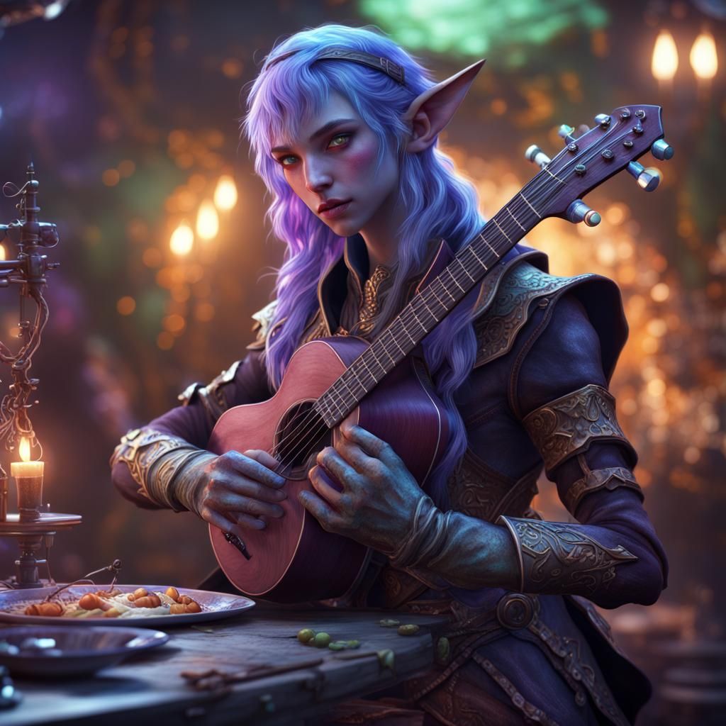 Cyberpunk Elf Bard in Glowwave Style
