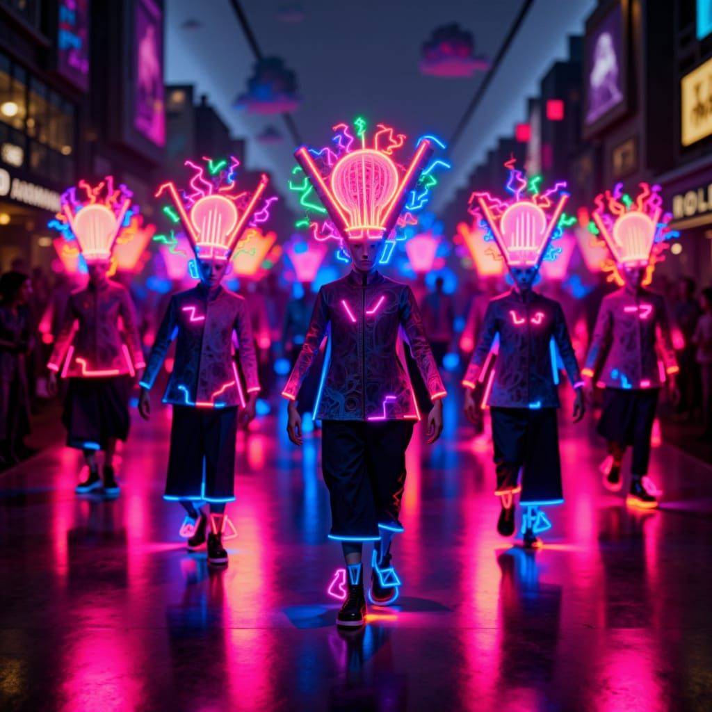 Glowing Cyber-Heads March in Abstract Style