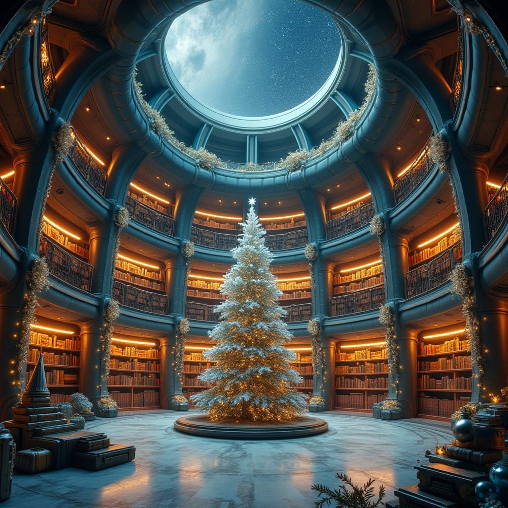 Moonlit Christmas Library in a Saturnian Space Pod