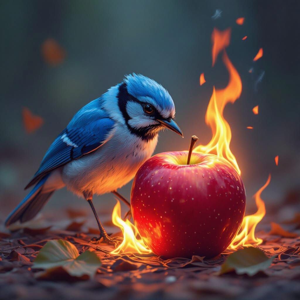Blue Jay Eats Flaming Apple in Vibrant Digital Art