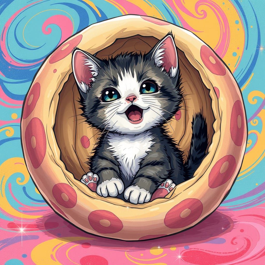 Kawaii Anime-Inspired Kitten in Vibrant Patterns