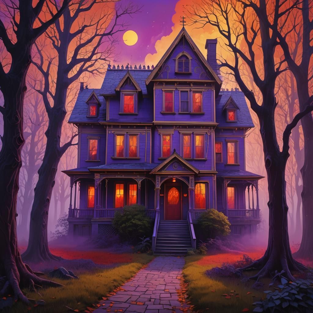 Psychedelic Haunted House with Ghost in Pop Art Style