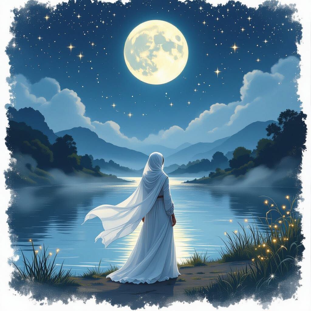 Moonlit Woman by Riverbank in Dreamy Style