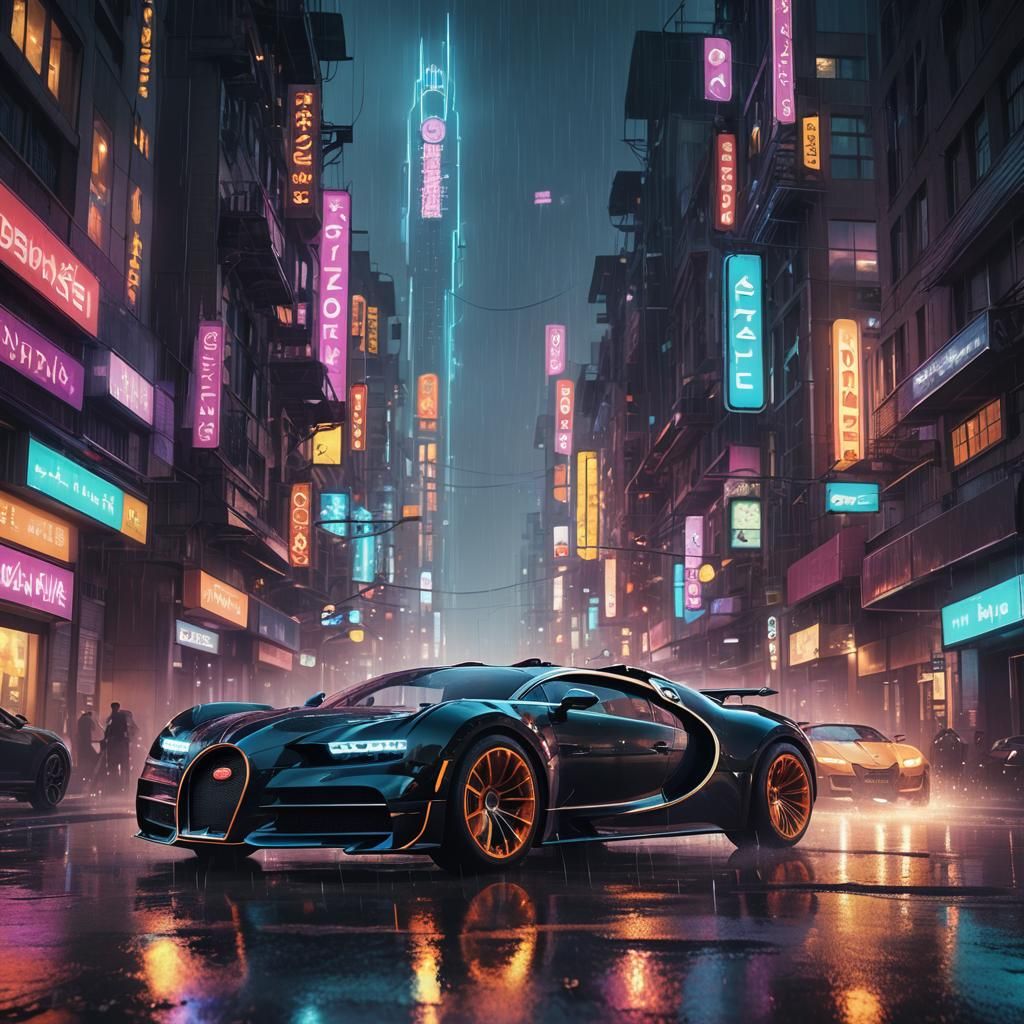 Bugatti 2033 in Futuristic Neon Cityscape