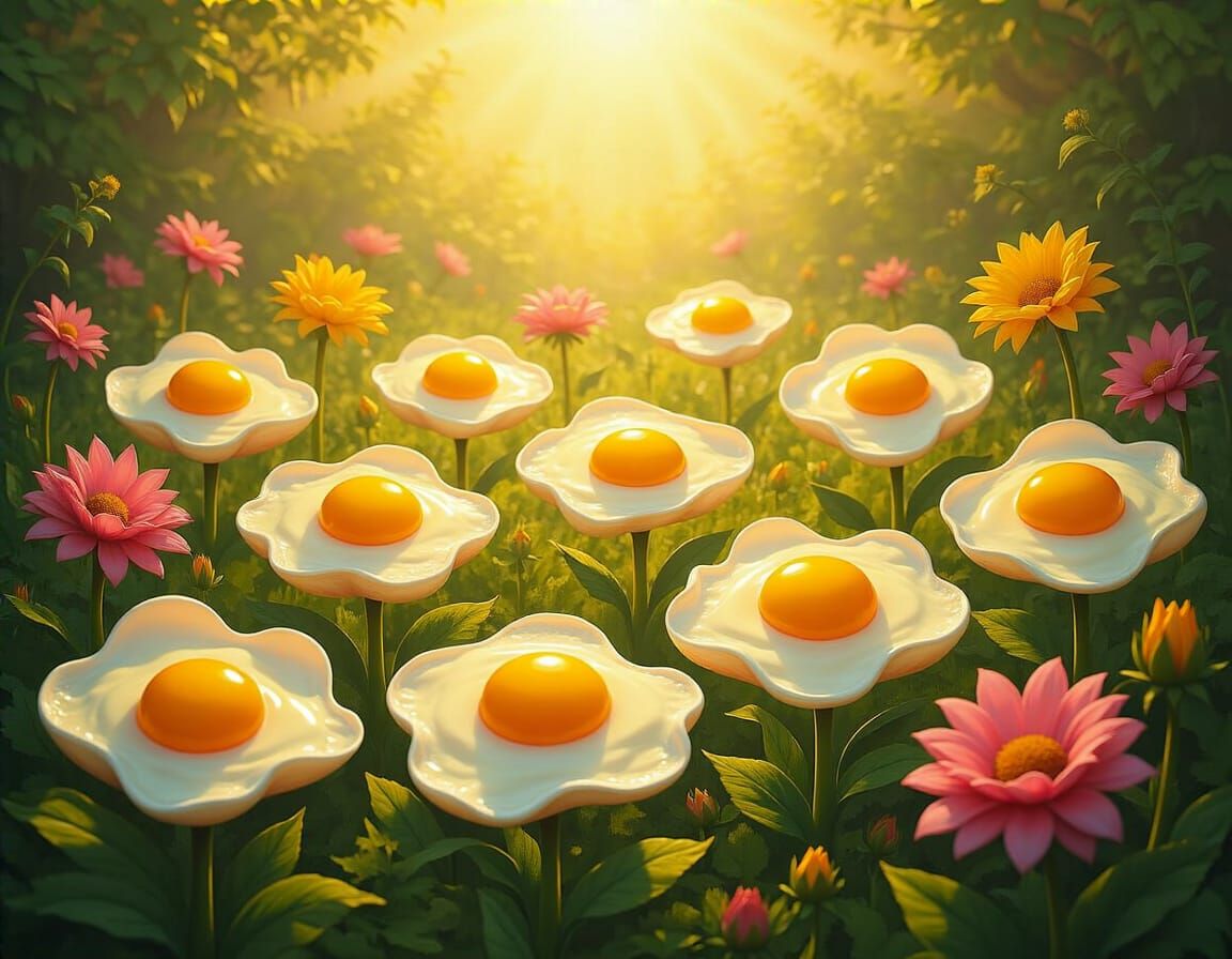 Surreal Garden Of Fried Eggs As Flowers In Golden Light