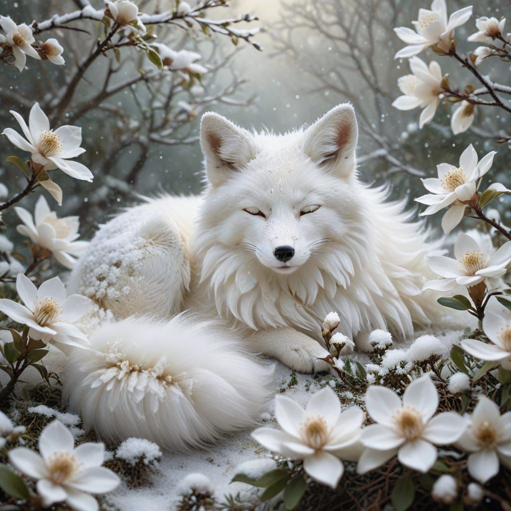 Ghost White Fox Cub in Snowy Magnolia Scene