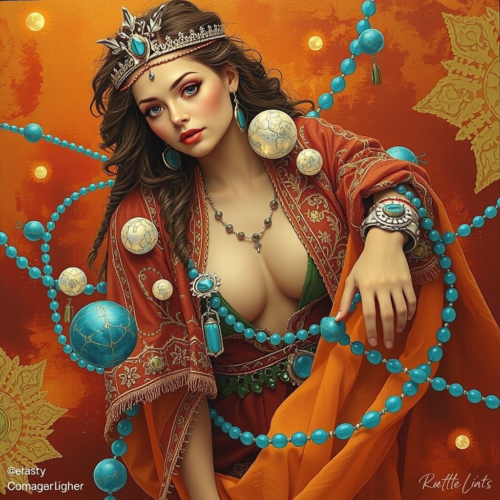 Majestic Woman at Light's Edge with Celestial Orbs