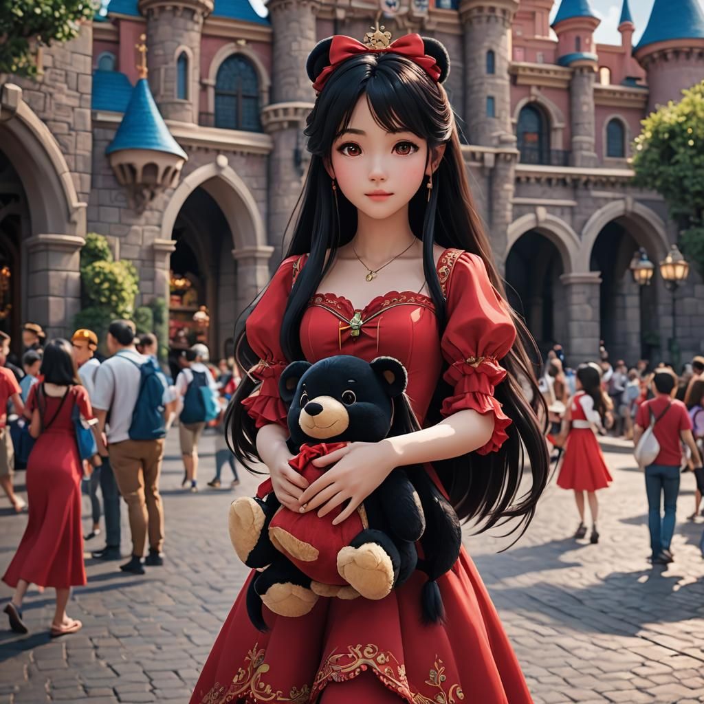 Anime Girl in Disneyland with Stuffed Toy