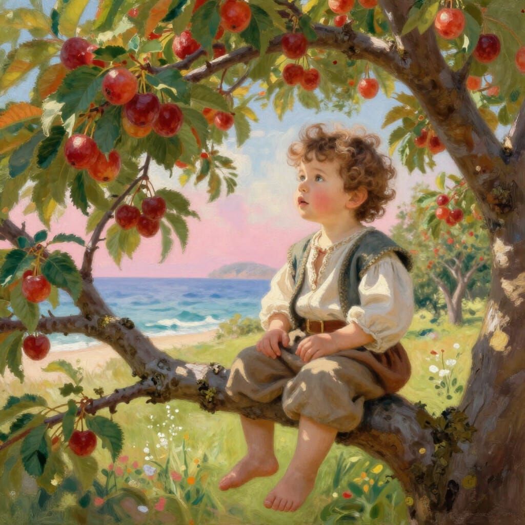 Toddler on Cherry Tree Branch with Rosy Sea