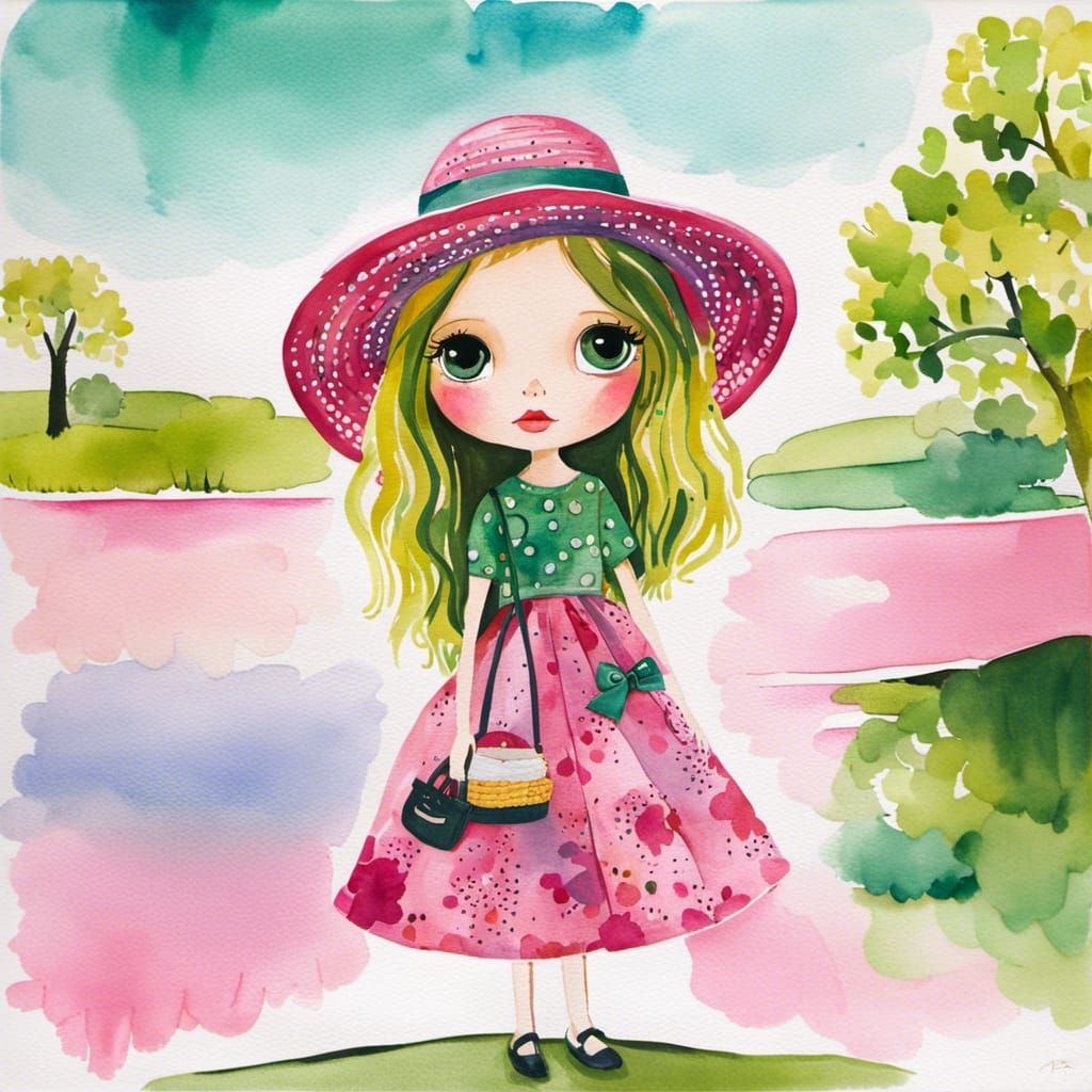 Blythe Doll in Summer Dress: Art Brut Watercolor