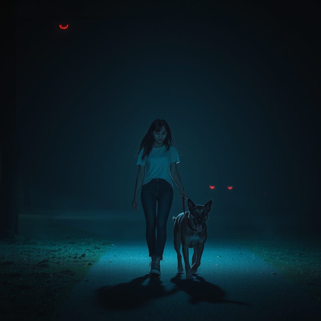 Eerie Park Night Scene in Hyperrealistic Style