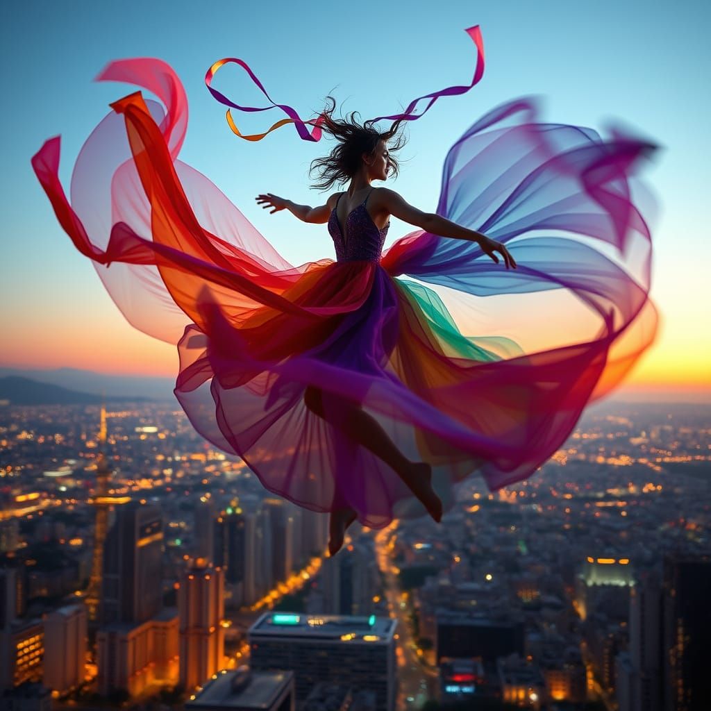 Graceful Dancer Above Glowing City as Matte Painting