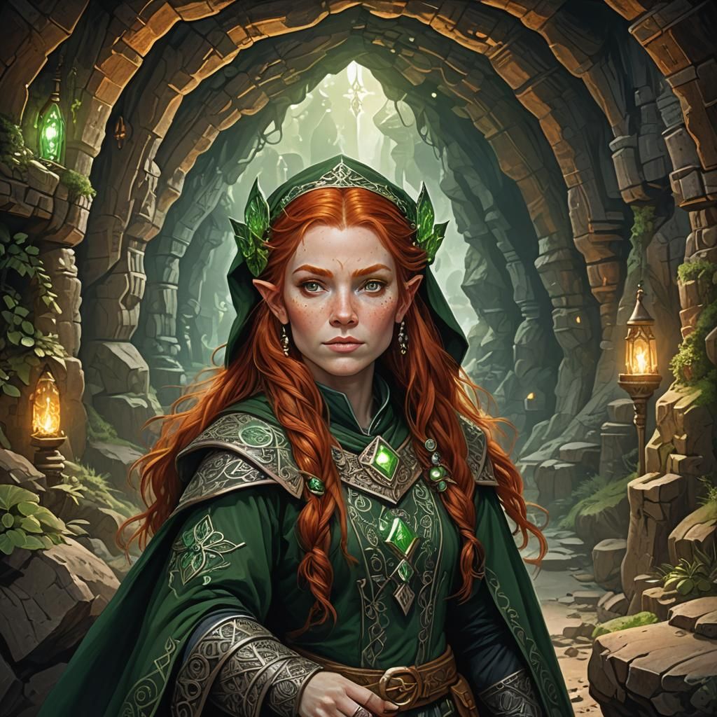 redhead female dwarf wizard, green eyes, in a cave, magical, intricate designs