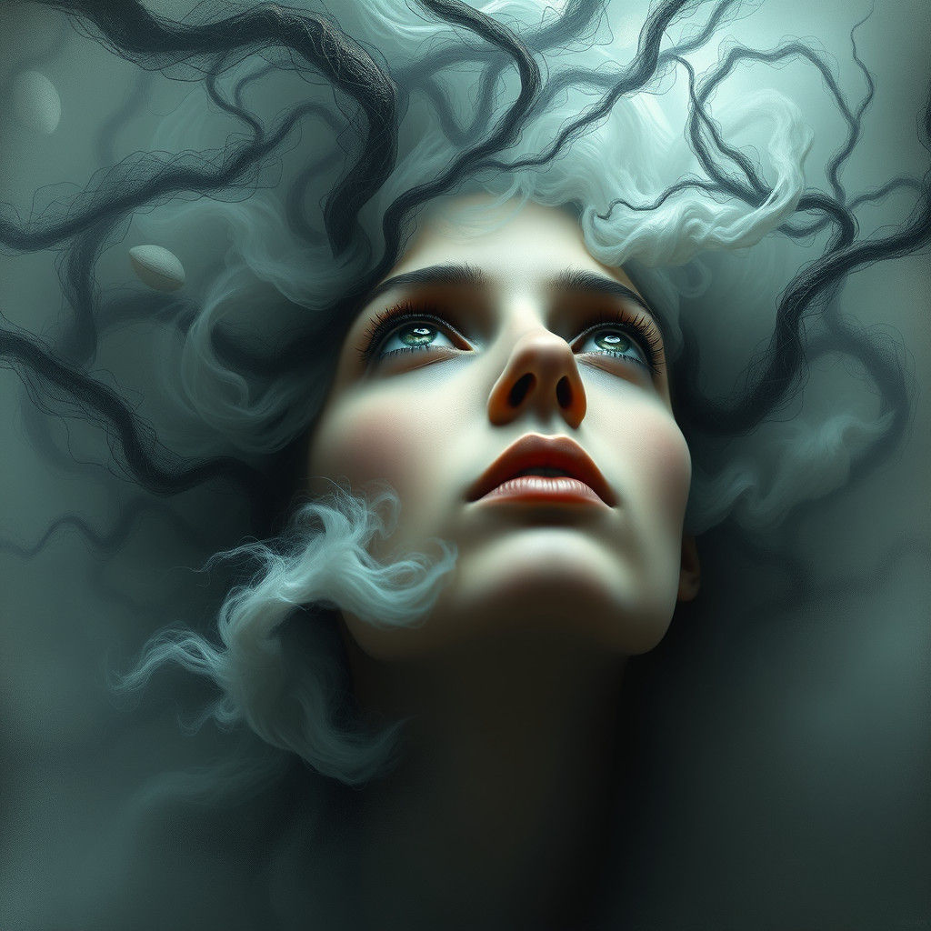 Dreamlike Woman's Face in Surreal Mist, Digital Art