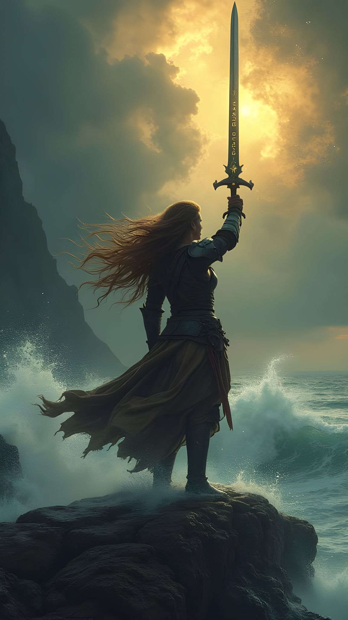 Warrior Woman with Runes on Stormy Cliff
