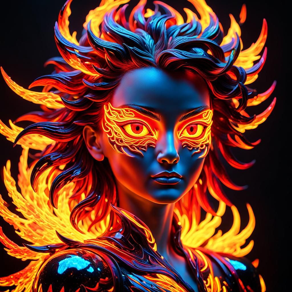 Fiery Phoenix Portrait in Vibrant Neon Embers