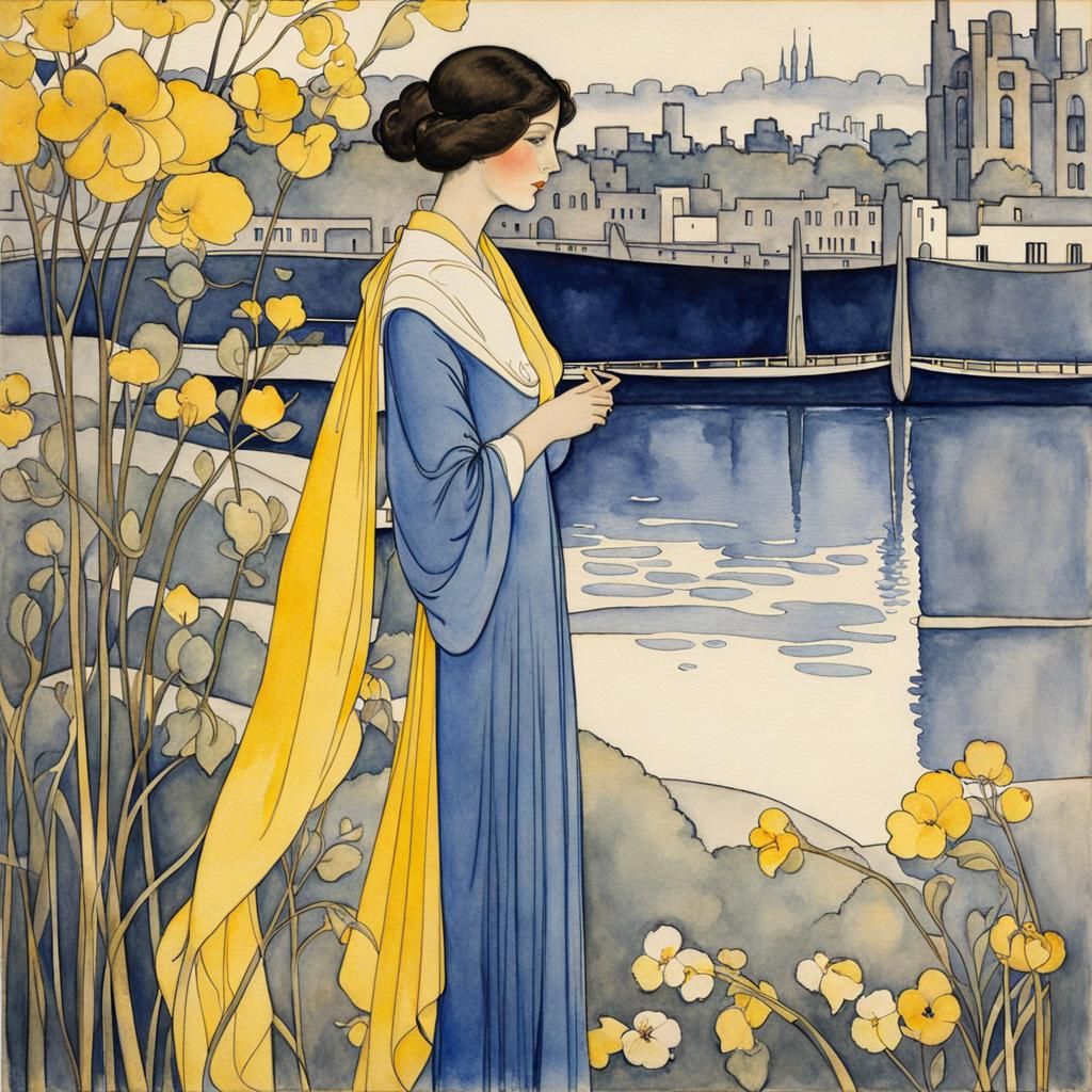 Elegant Woman at Riverbank: Watercolor in Art Nouveau Style