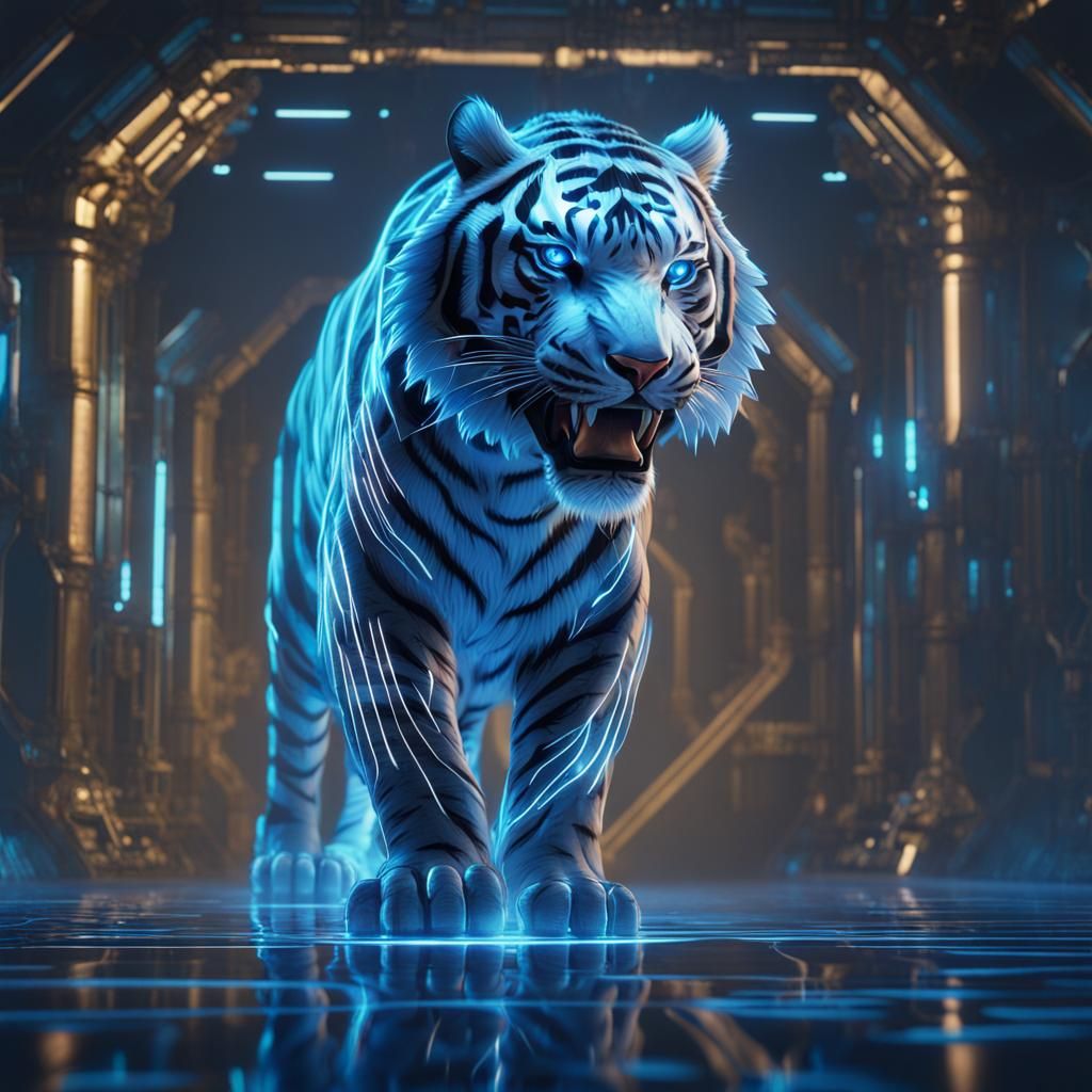 Futuristic Blue Tiger Hologram in Detailed Digital Painting
